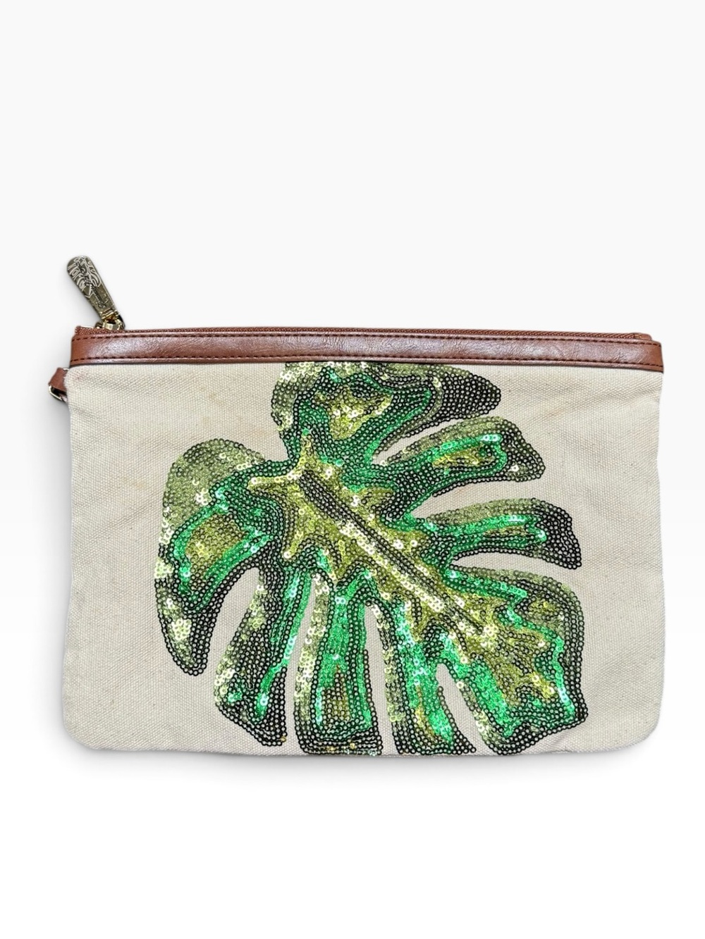 Tommy Bahama Canvas Clutch with Green Sequin Leaf Accent Pouch Bag